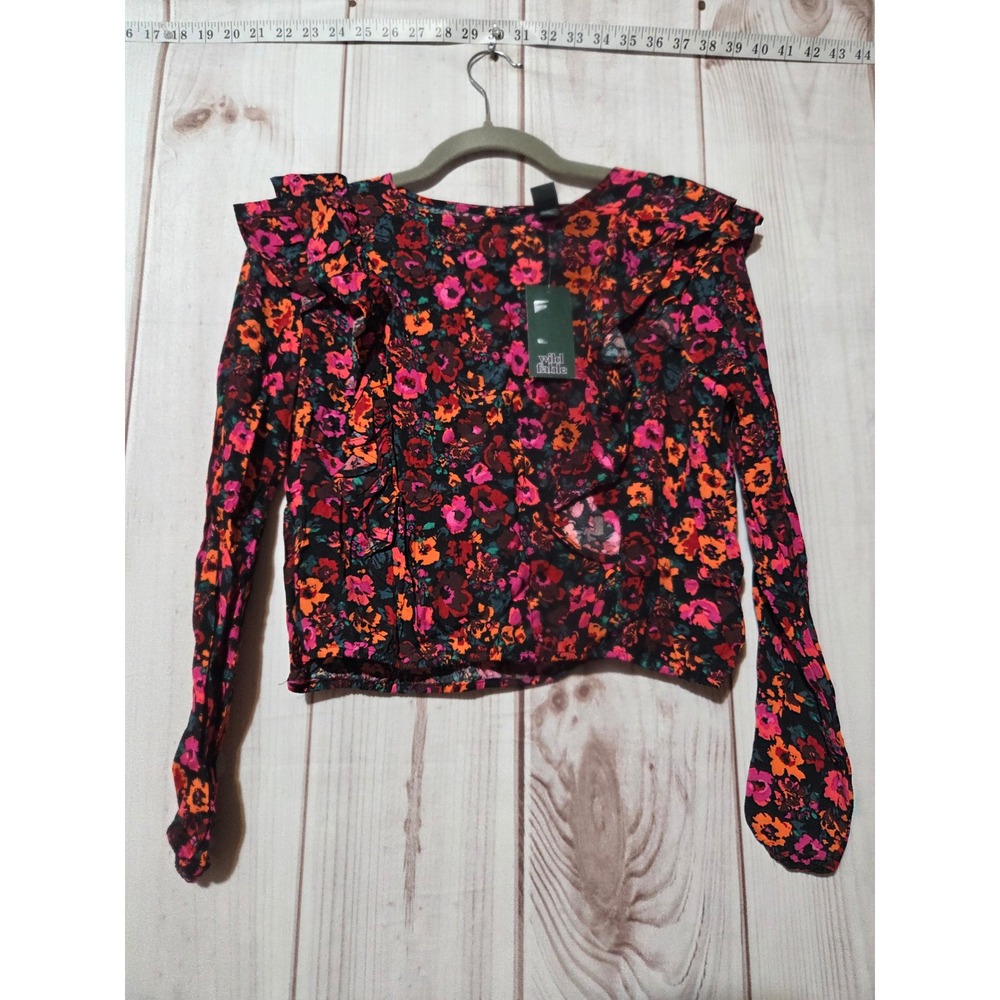 Wild Fable Floral Ruffle Long Sleeve Crop Top Blouse Black Pink Orange Small NWT